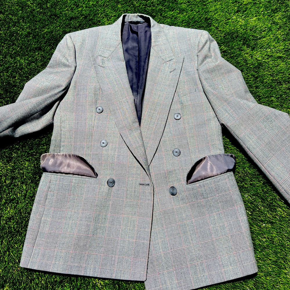 Vintage Halston men’s Jacket, black & white maroon stripe houndstooth checkered